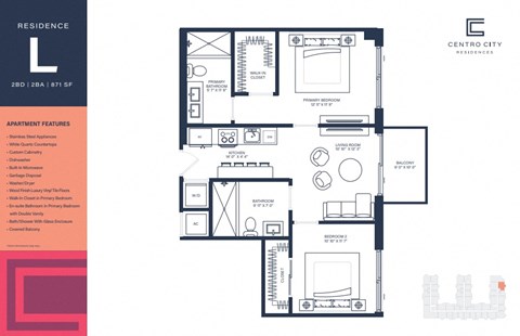 Floor plan for 2 beds, 2 baths, 871 sqft